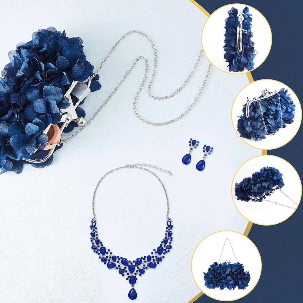 4 Pcs Flower Clutch Rhinestone Jewelry Set Clutch Necklace Earrings Bracelet